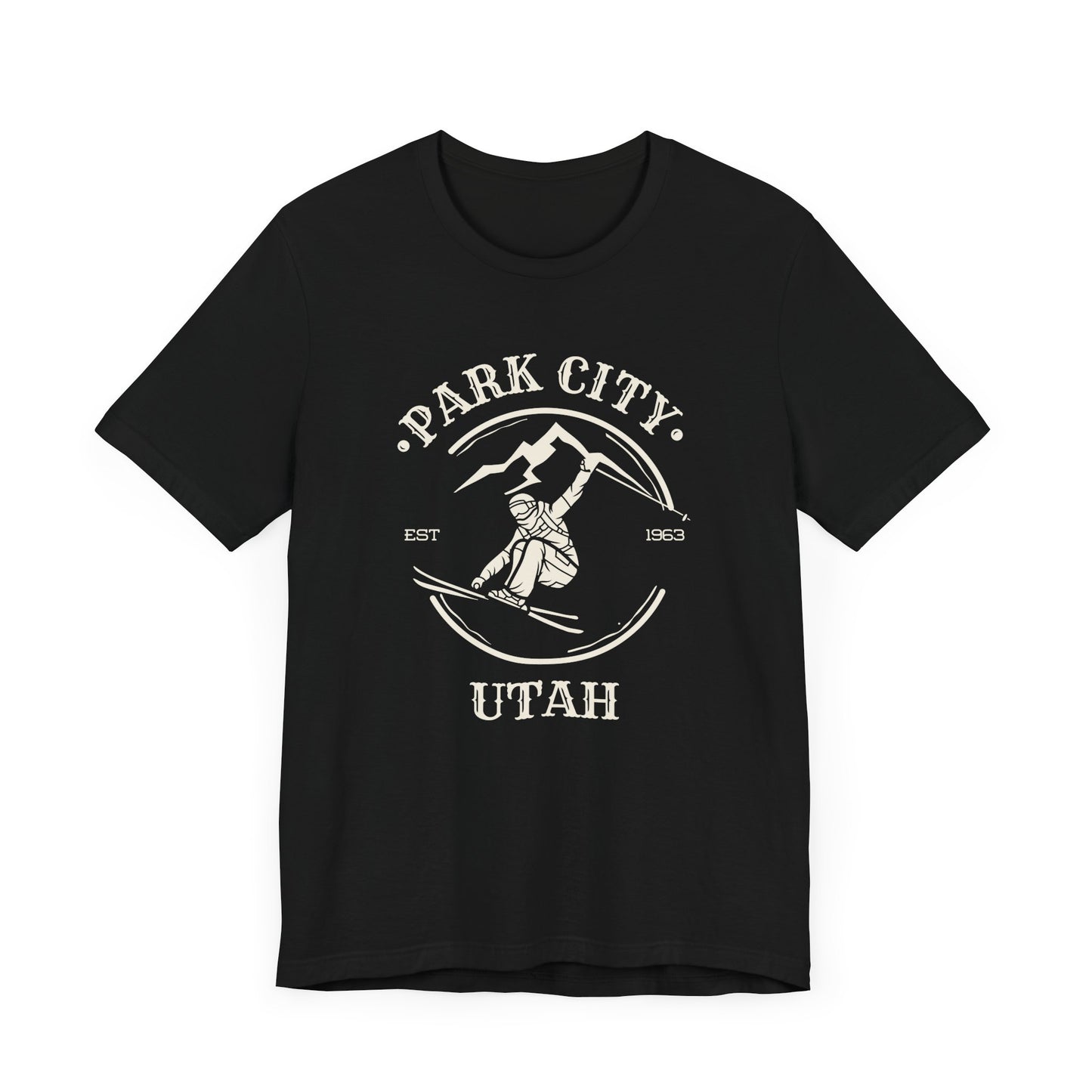Black t-shirt with off-white skier graphic and Park City Utah text