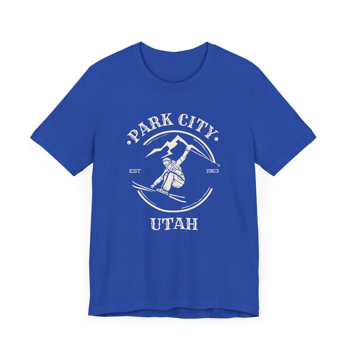 Royal blue t-shirt with off-white skier graphic and Park City Utah text