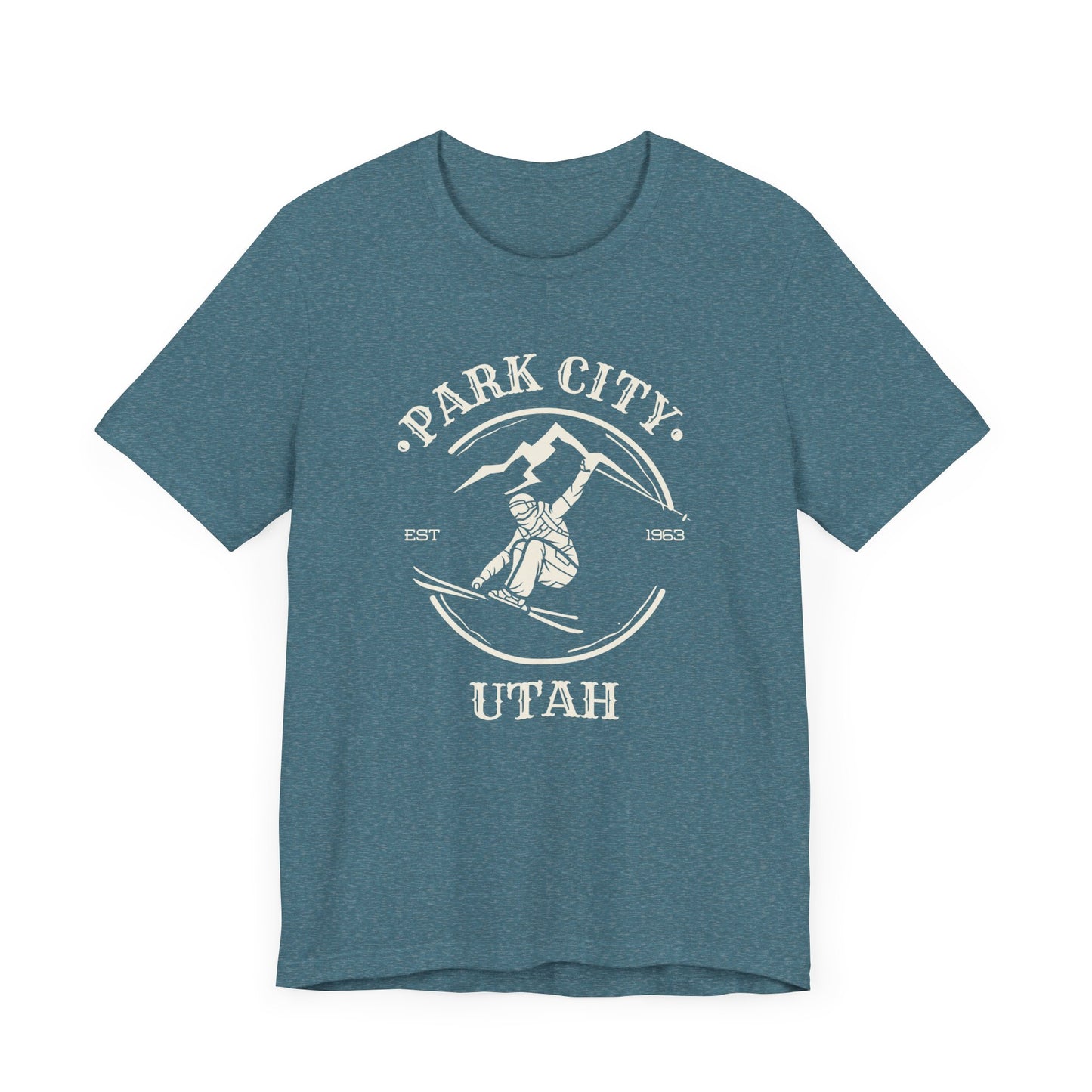 Teal blue t-shirt with off-white skier graphic and Park City Utah text