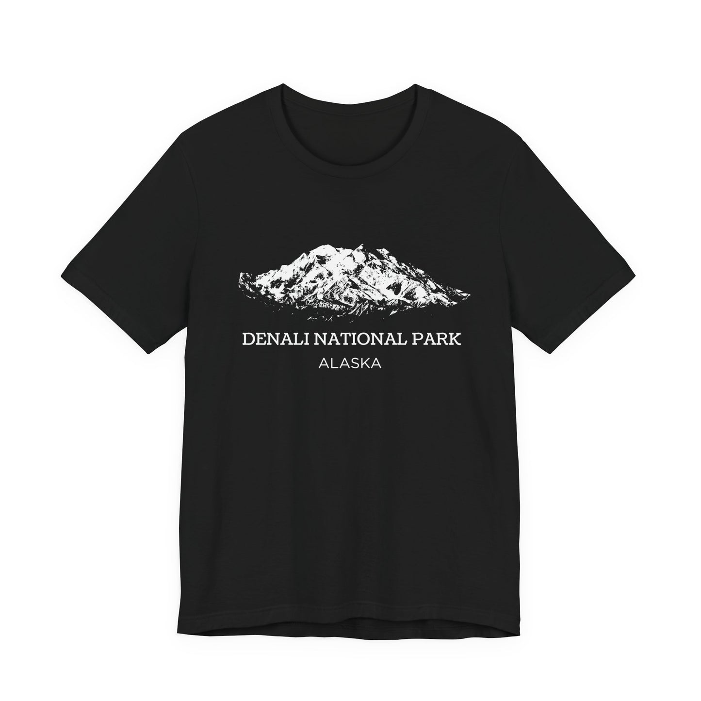 Black T-shirt featuring a white vintage-style sketch of Denali mountain with the text “Denali National Park Alaska.”