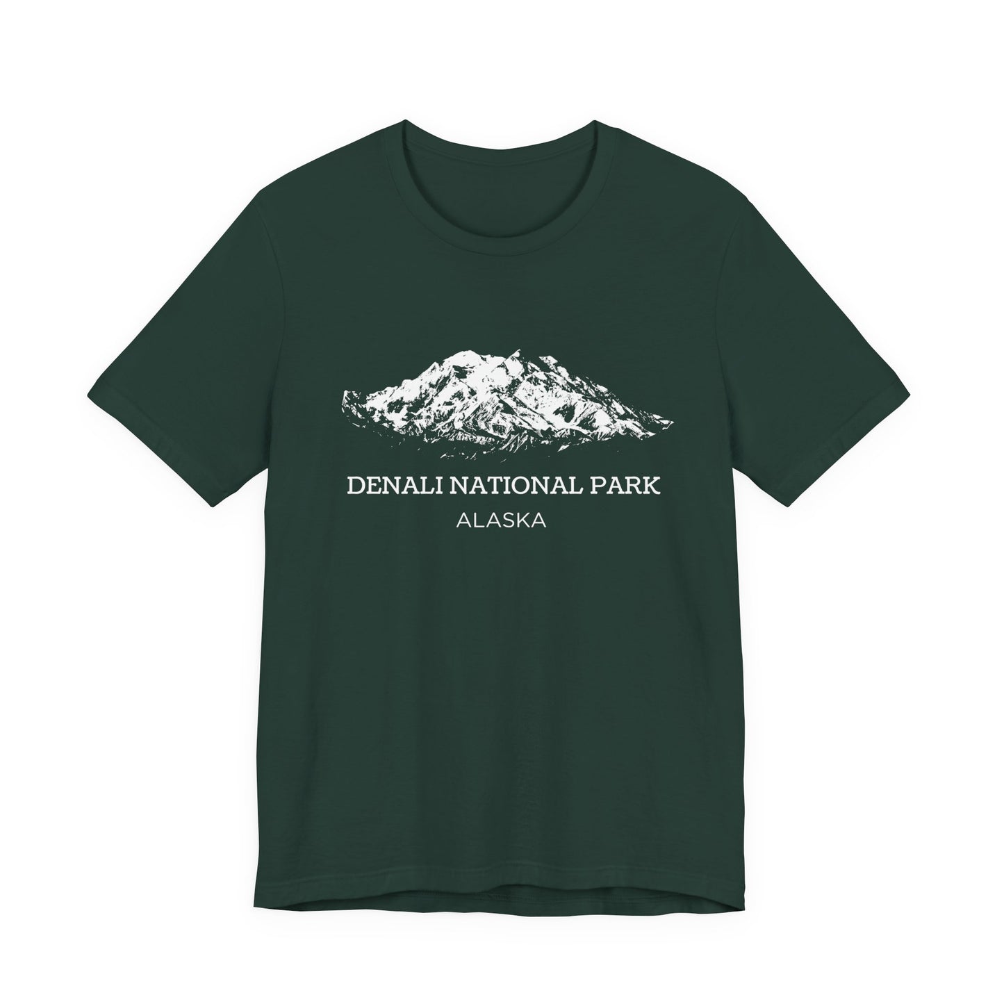 Forest Green T-shirt featuring a white vintage-style sketch of Denali mountain with the text “Denali National Park Alaska.”
