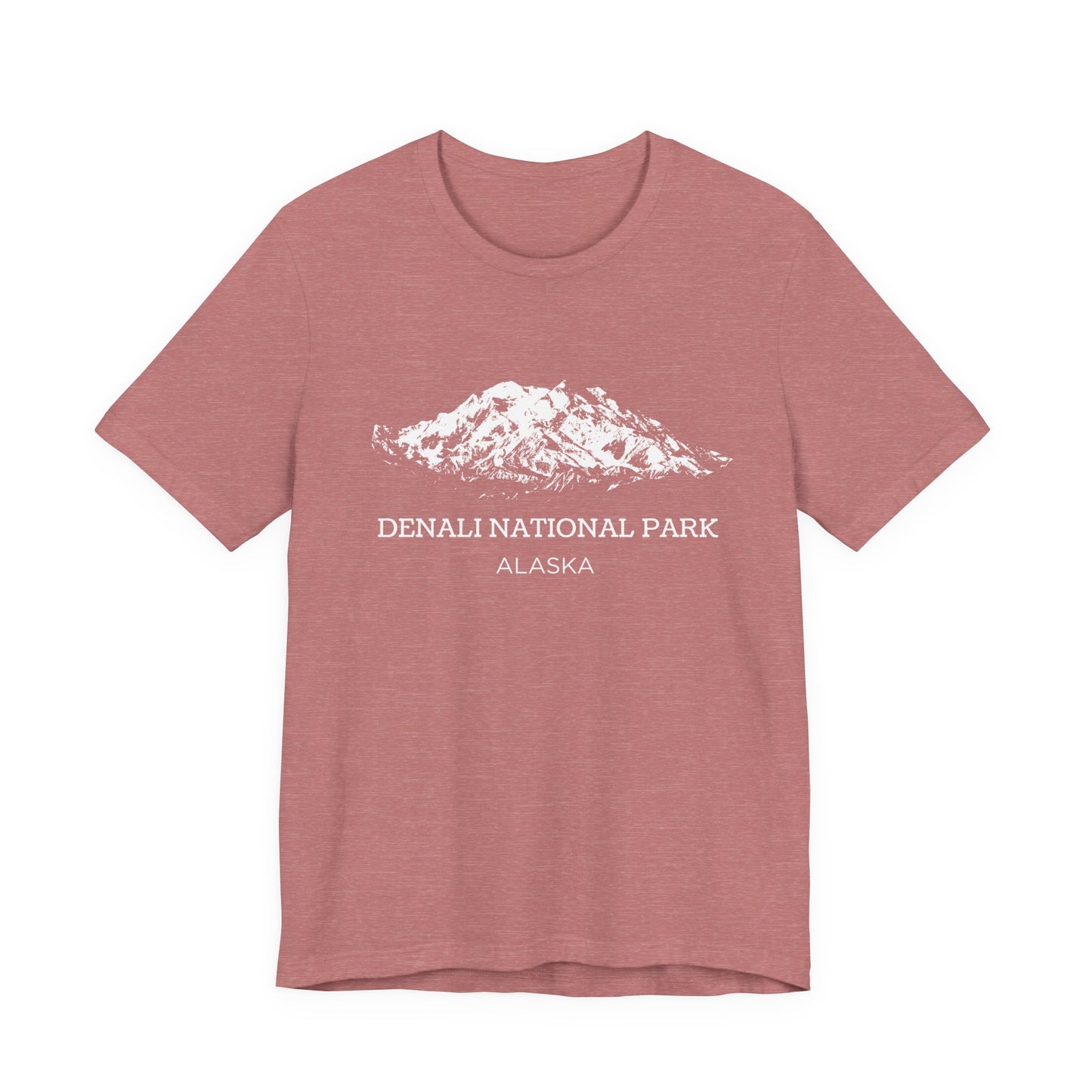 Mauve pink T-shirt featuring a white vintage-style sketch of Denali mountain with the text “Denali National Park Alaska.”