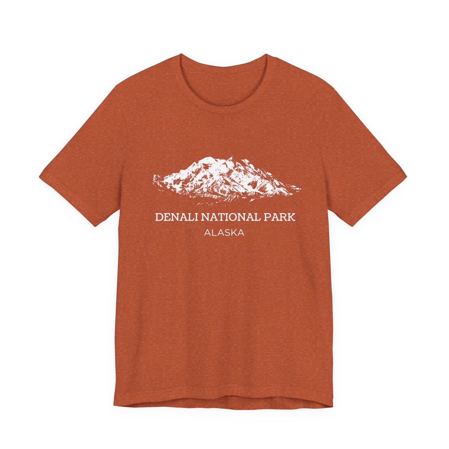 Orange T-shirt featuring a white vintage-style sketch of Denali mountain with the text “Denali National Park Alaska.”