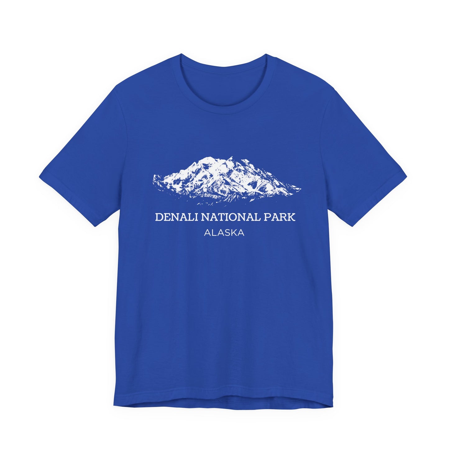 Royal Blue T-shirt featuring a white vintage-style sketch of Denali mountain with the text “Denali National Park Alaska.”