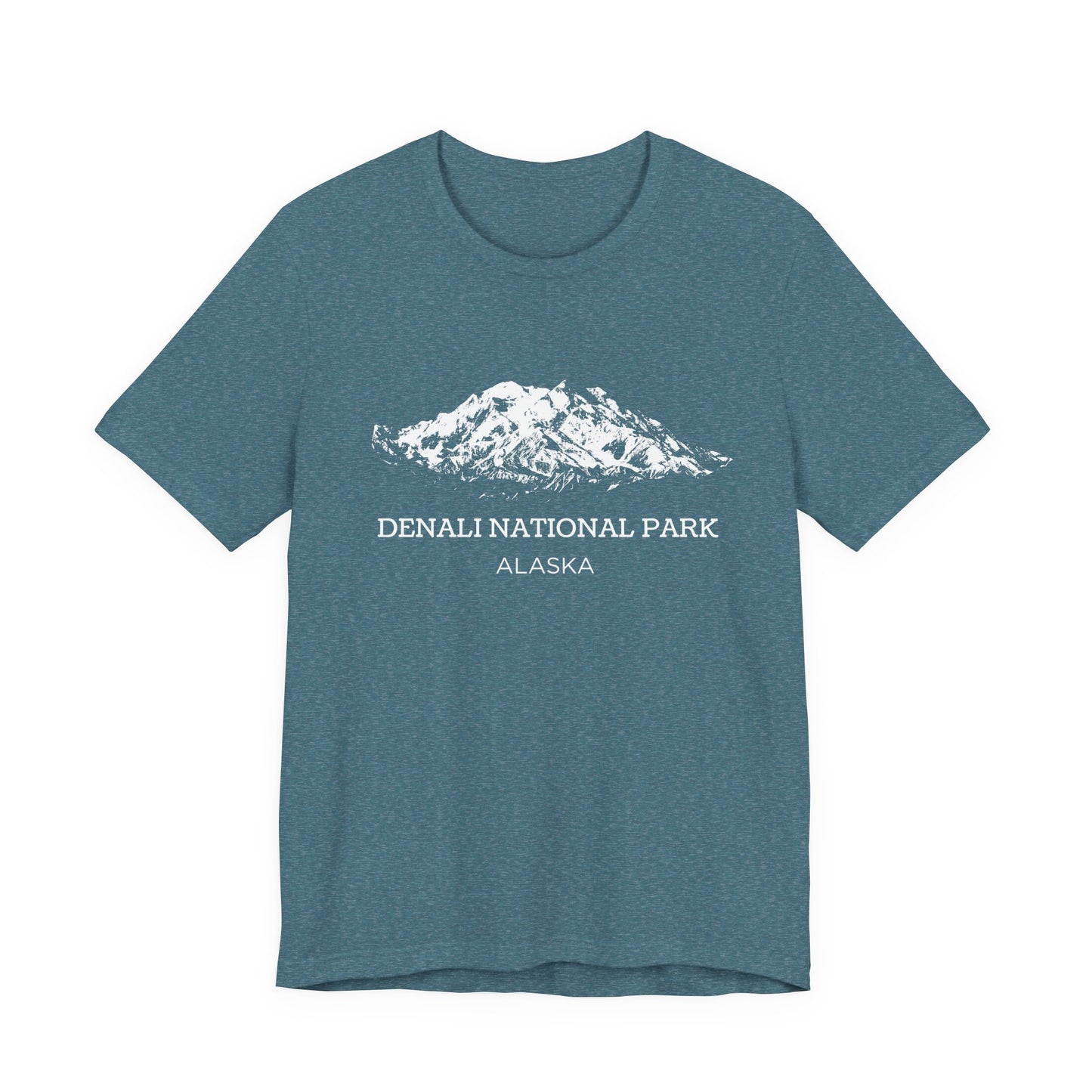 Teal T-shirt featuring a white vintage-style sketch of Denali mountain with the text “Denali National Park Alaska.”
