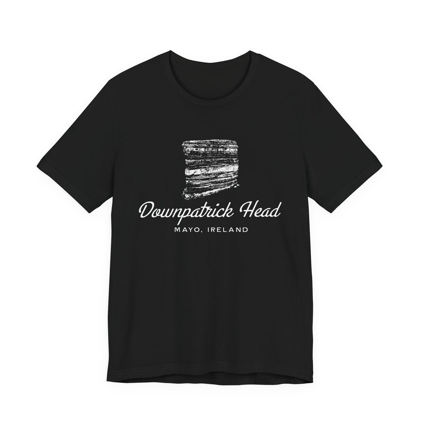 Downpatrick Head T-shirt with vintage sea stack graphic, Mayo Ireland souvenir tee in black.