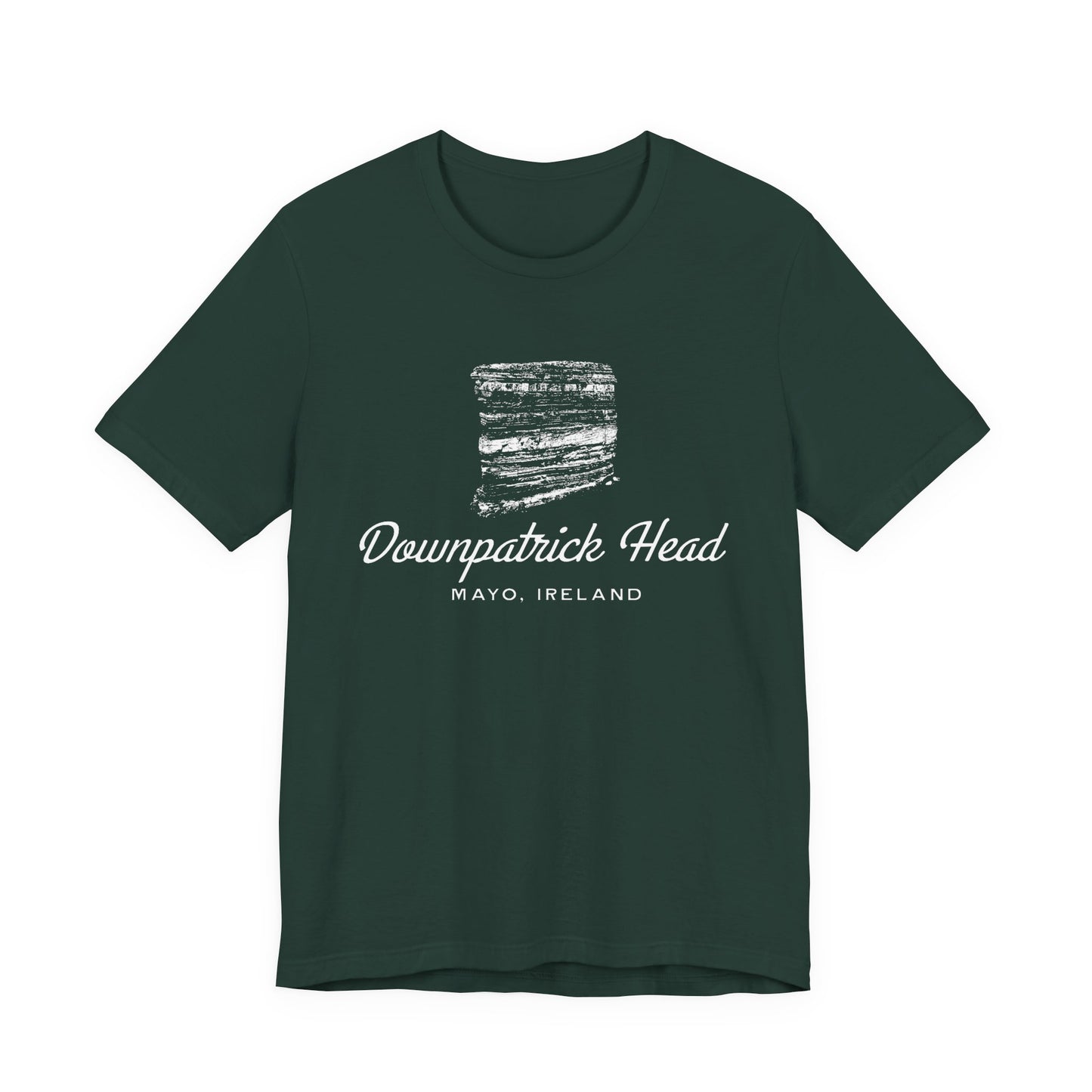 Downpatrick Head T-shirt with vintage sea stack graphic, Mayo Ireland souvenir tee in forest green.