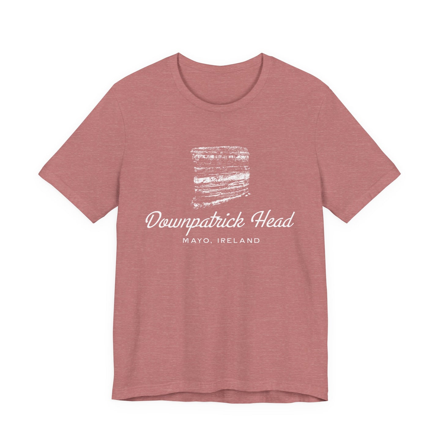Downpatrick Head T-shirt with vintage sea stack graphic, Mayo Ireland souvenir tee in mauve pink.