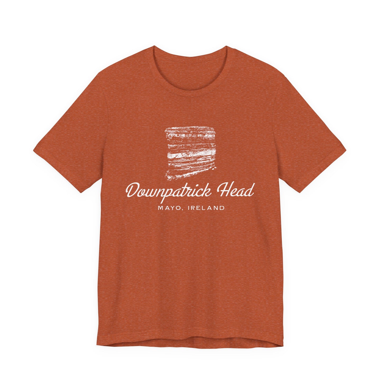 Downpatrick Head T-shirt with vintage sea stack graphic, Mayo Ireland souvenir tee in orange.