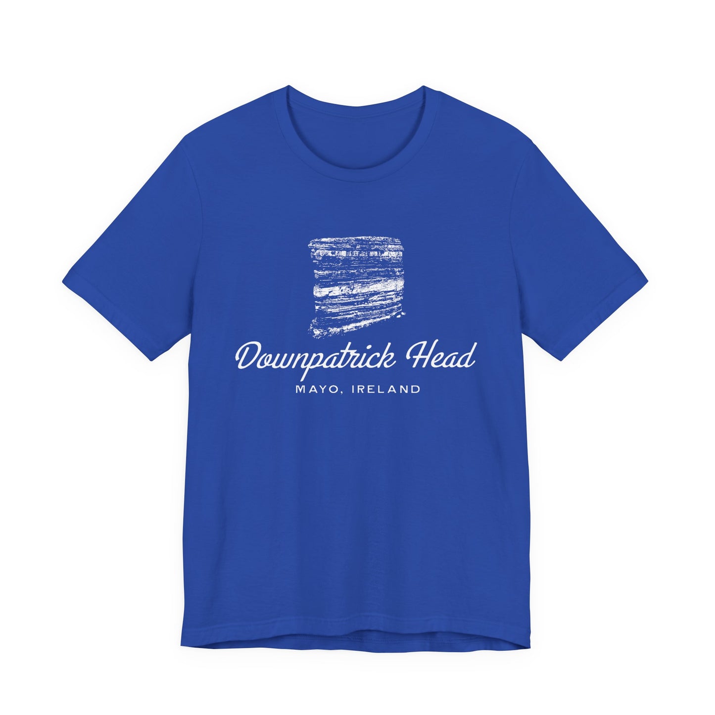 Downpatrick Head T-shirt with vintage sea stack graphic, Mayo Ireland souvenir tee in royal blue.