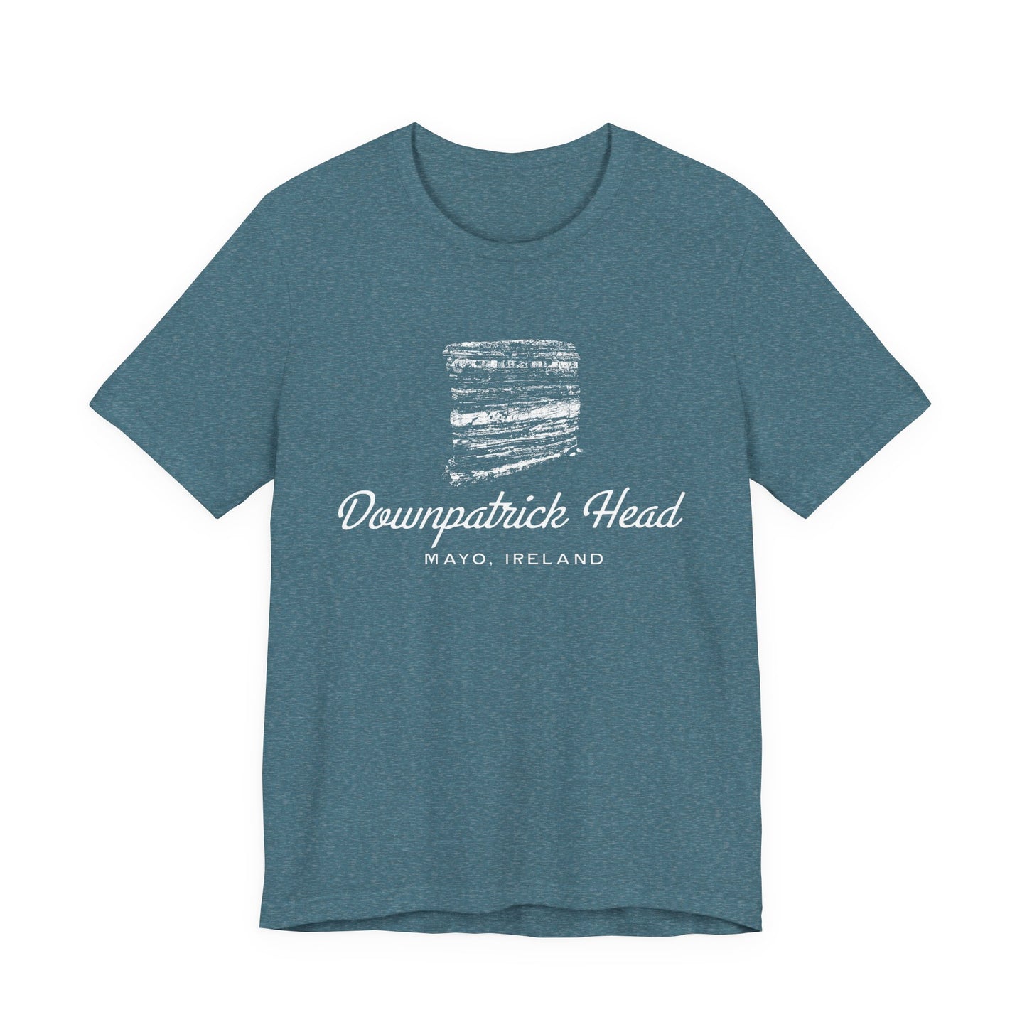 Downpatrick Head T-shirt with vintage sea stack graphic, Mayo Ireland souvenir tee in teal.