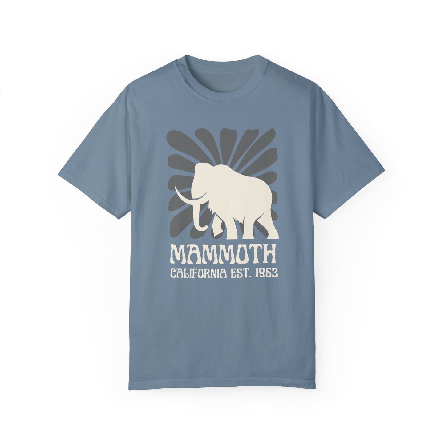 A blue t-shirt featuring a silhouette of a mammoth with the text 'MAMMOTH CALIFORNIA EST. 1953' on the front.