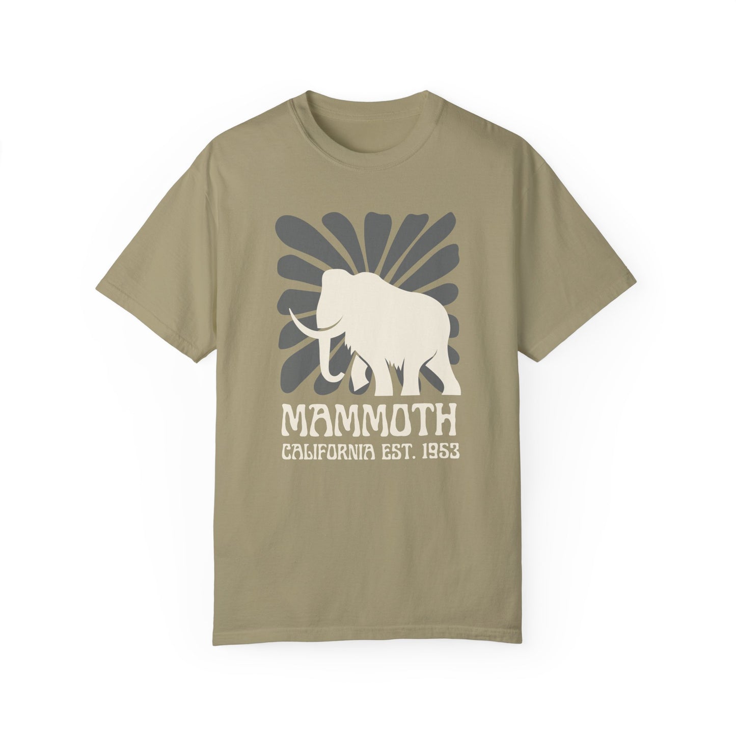 A khaki t-shirt featuring a silhouette of a mammoth with the text 'MAMMOTH CALIFORNIA EST. 1953' on the front.