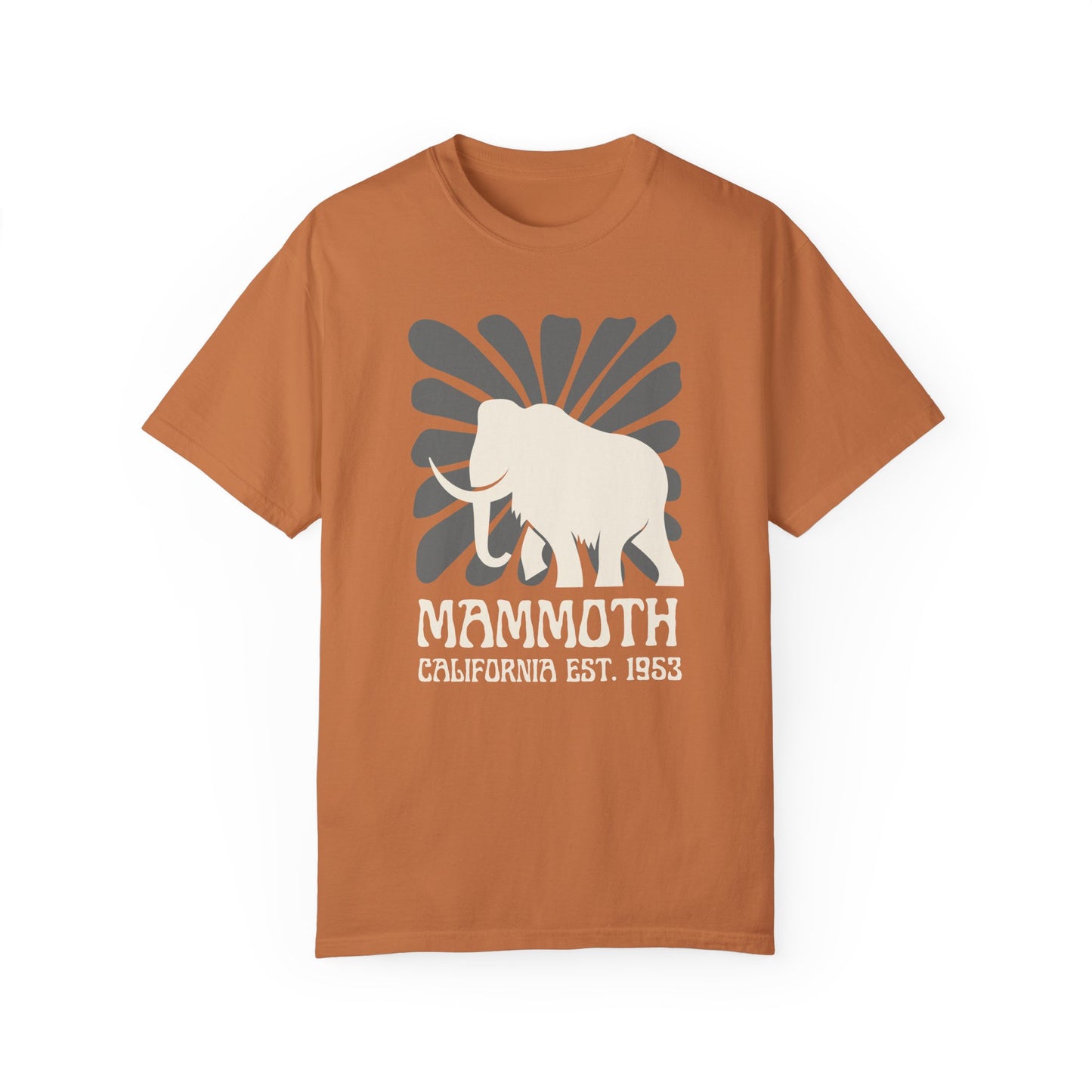 An orange t-shirt featuring a silhouette of a mammoth with the text 'MAMMOTH CALIFORNIA EST. 1953' on the front.