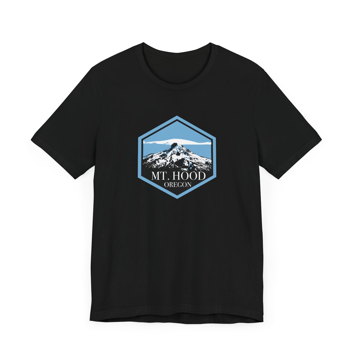 A black T-shirt featuring a badge design of Mount Hood, Oregon.