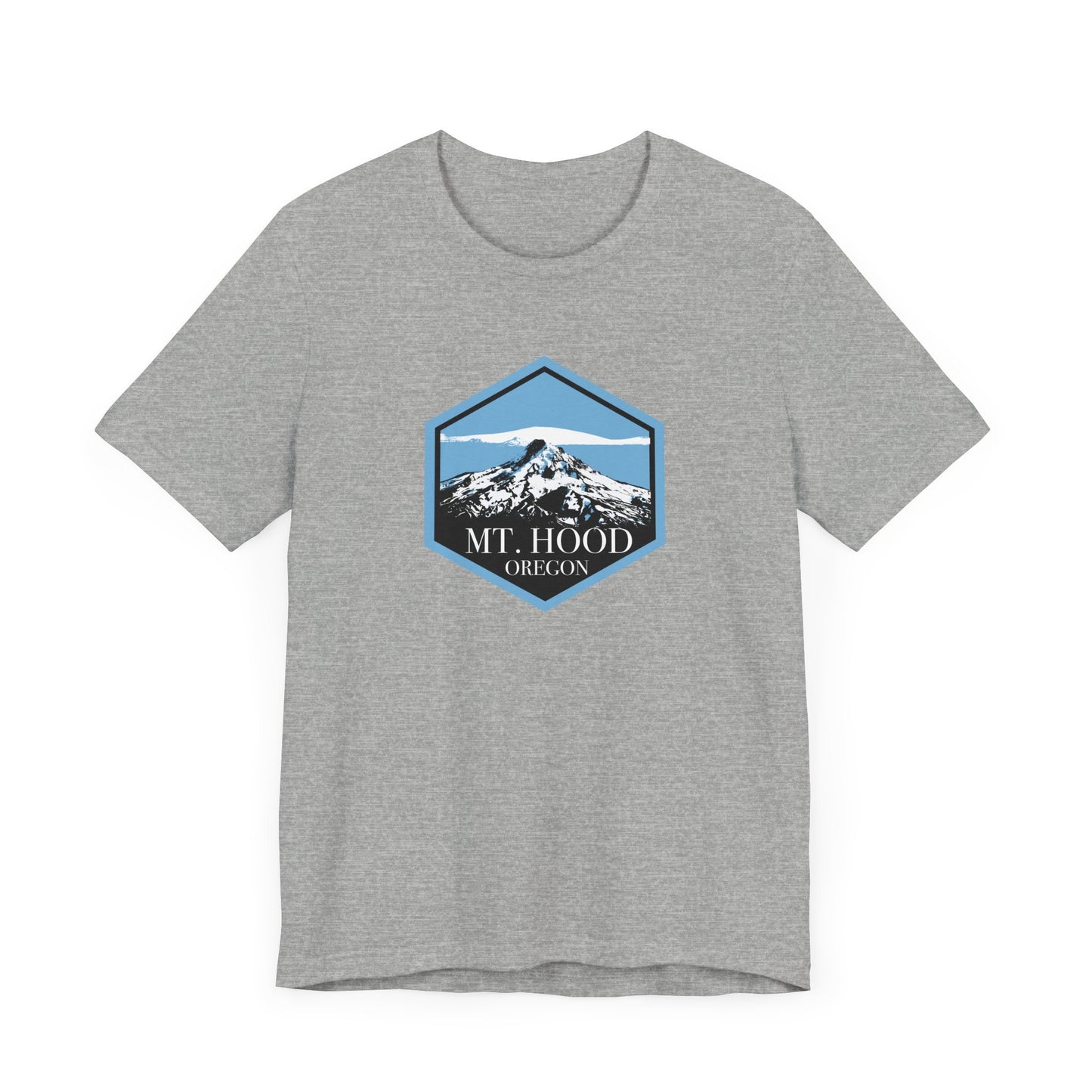 A gray T-shirt featuring a badge design of Mount Hood, Oregon.