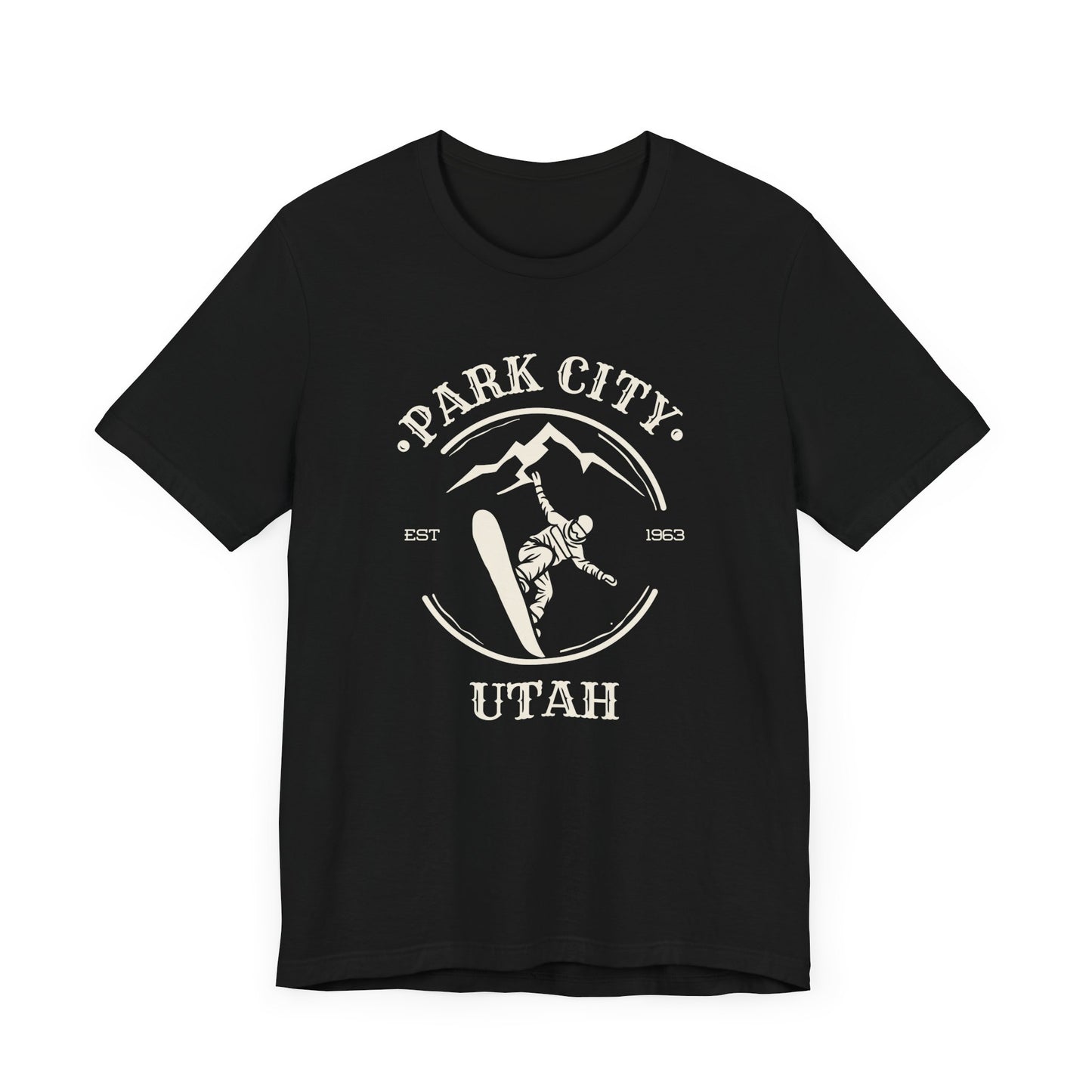 Black crew neck t-shirt with 'Park City Utah' text and a graphic depicting a snowboarder on the front.