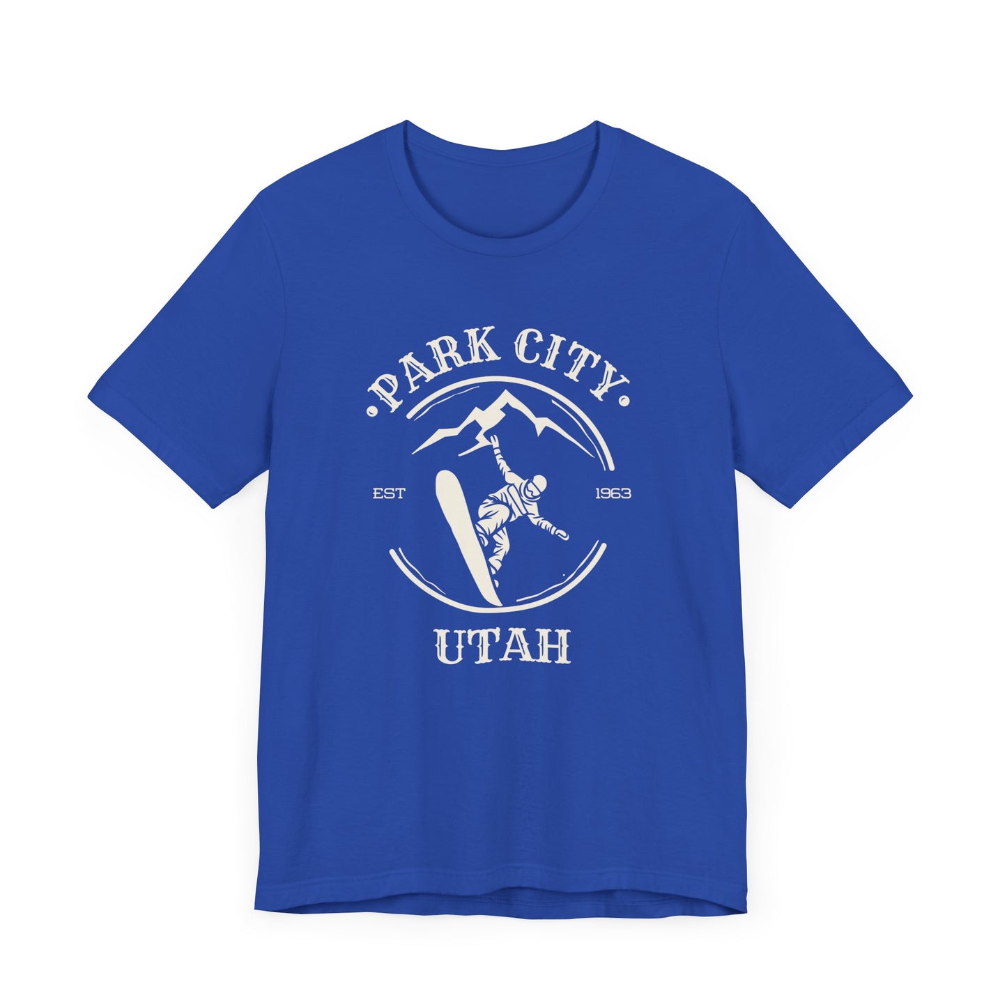 Royal blue crew neck t-shirt with 'Park City Utah' text and a graphic depicting a snowboarder on the front.