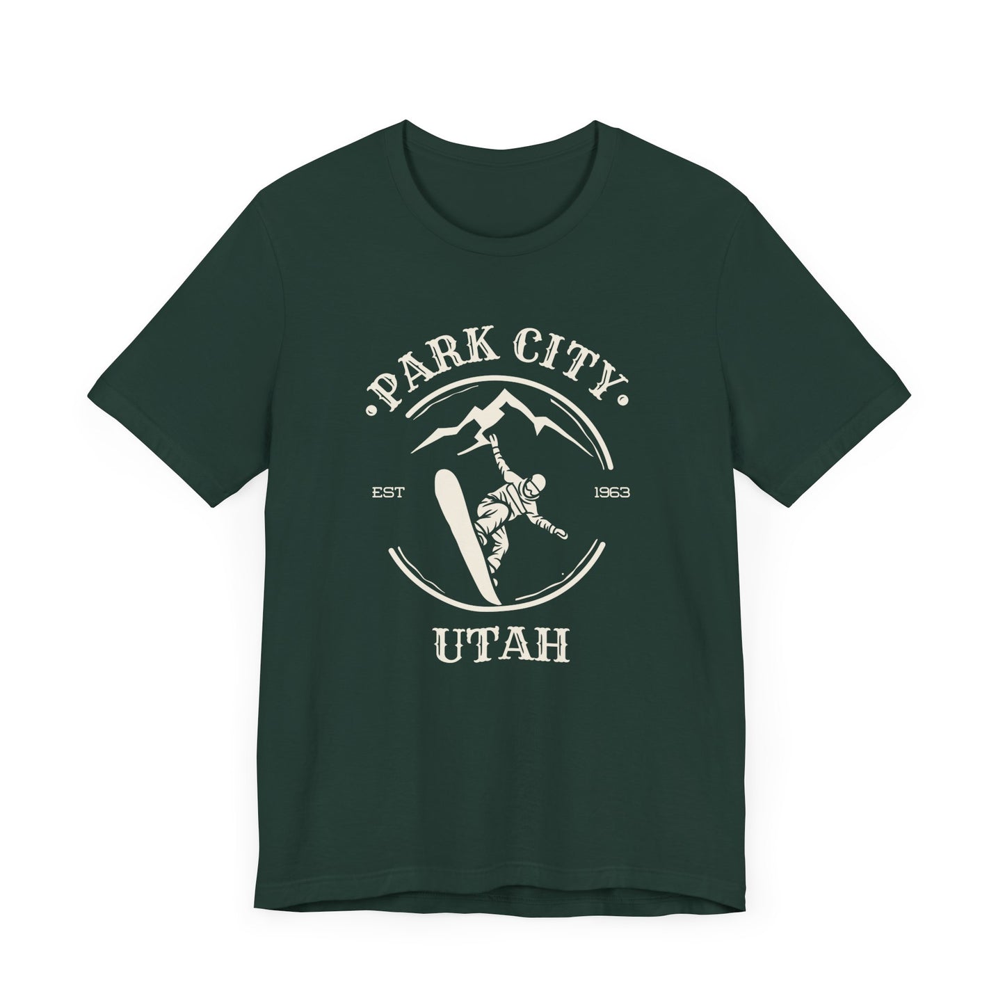 Forest green crew neck t-shirt with 'Park City Utah' text and a graphic depicting a snowboarder on the front.