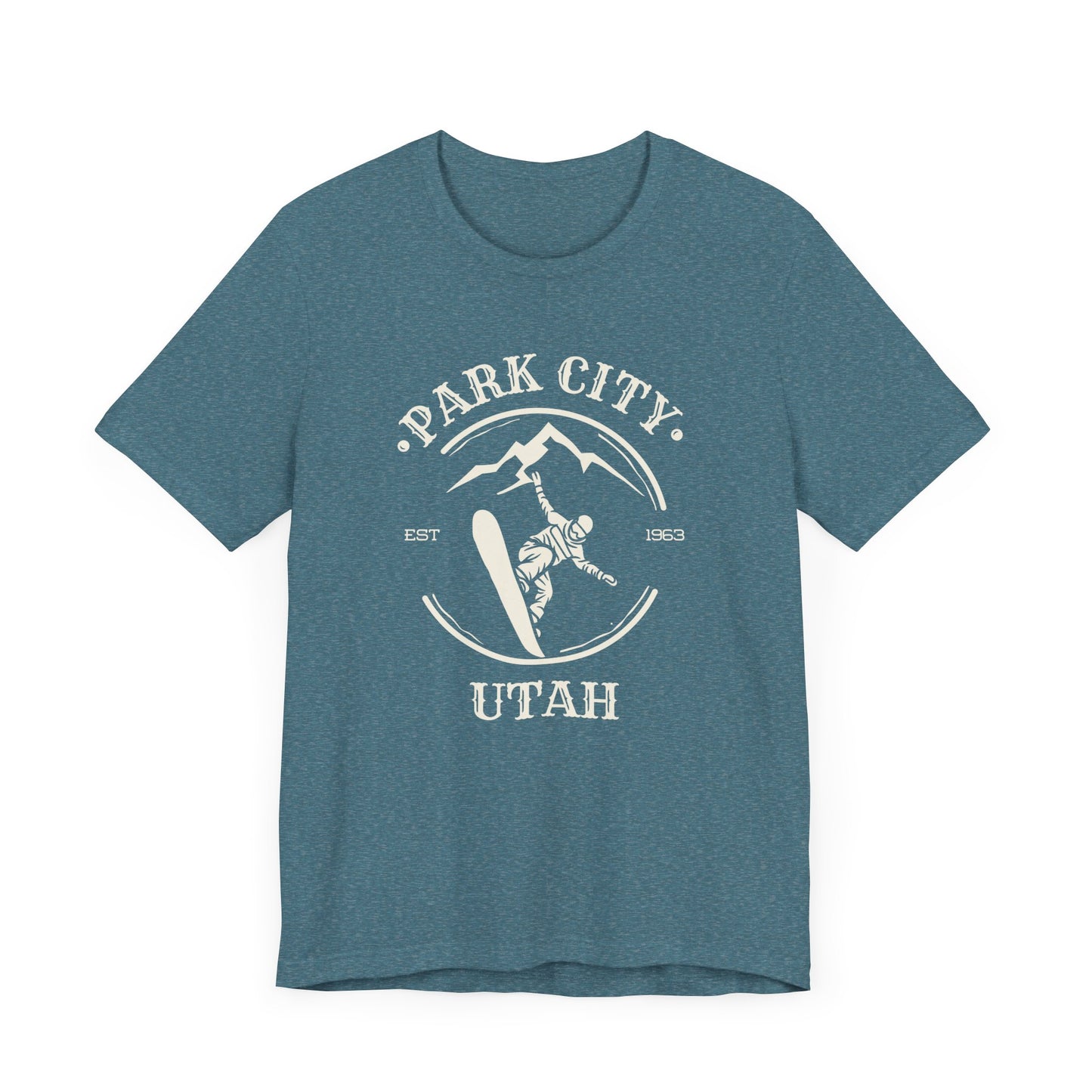 Teal crew neck t-shirt with 'Park City Utah' text and a graphic depicting a snowboarder on the front.