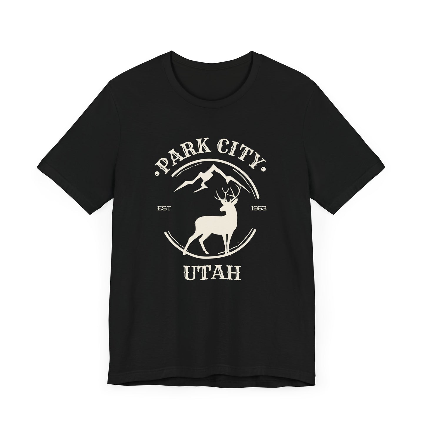 A black Park City Utah minimalist mule deer t-shirt on a white background.