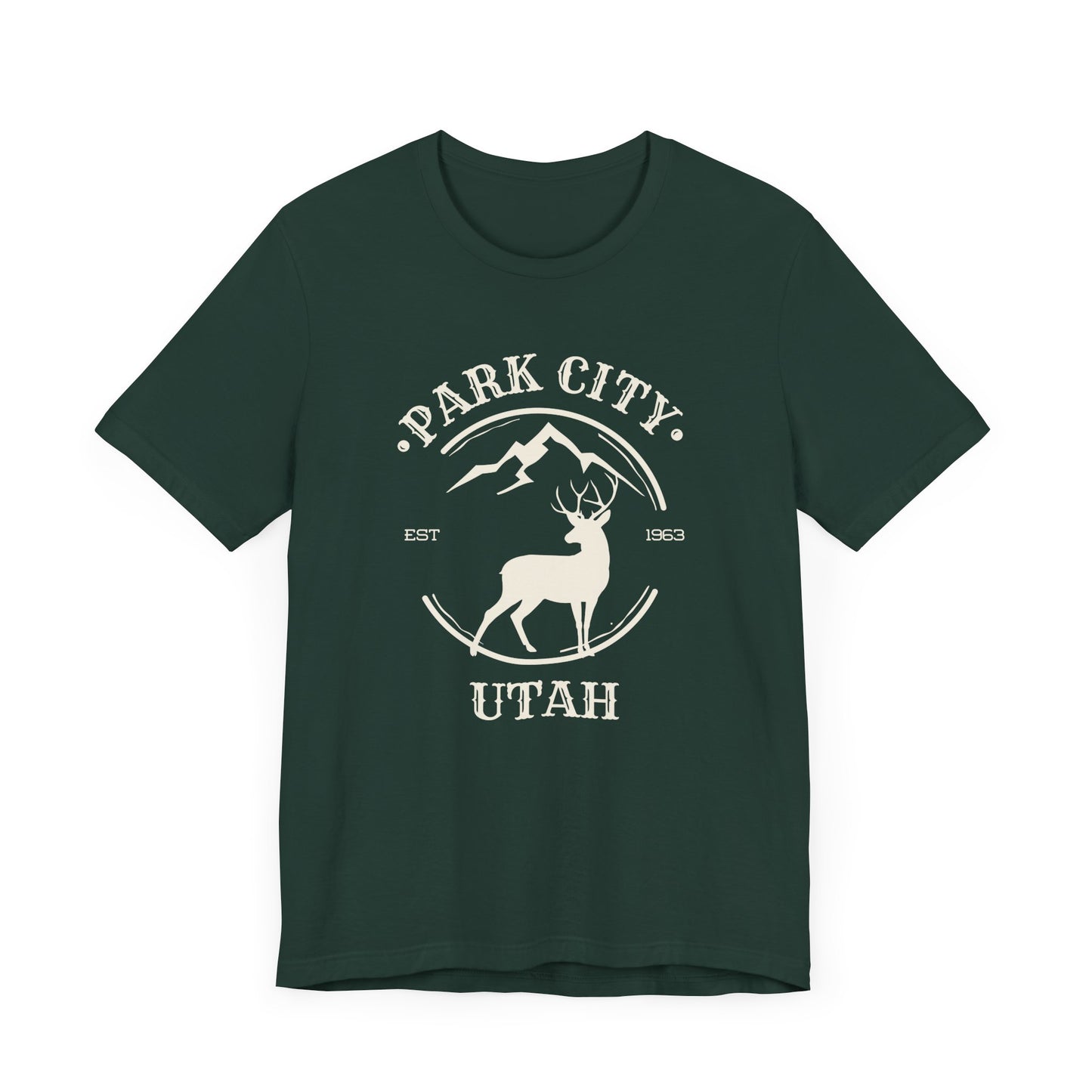 A forest green Park City Utah minimalist mule deer t-shirt on a white background.