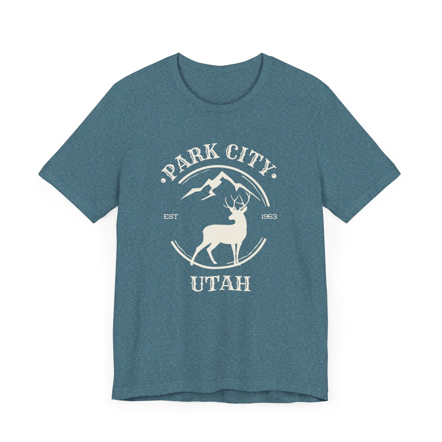 A dark teal Park City Utah minimalist mule deer t-shirt on a white background.