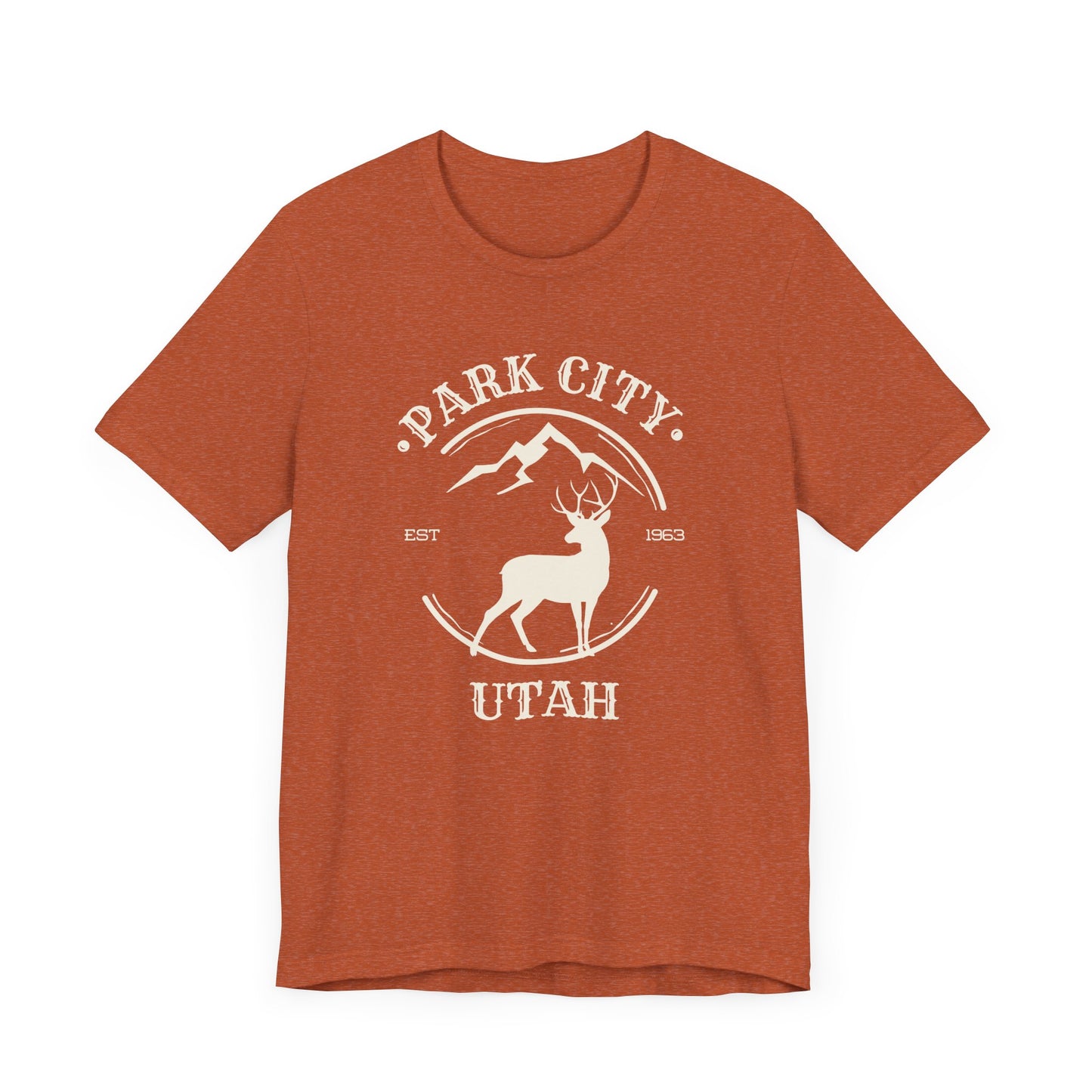 A burnt orange Park City Utah minimalist mule deer t-shirt on a white background.
