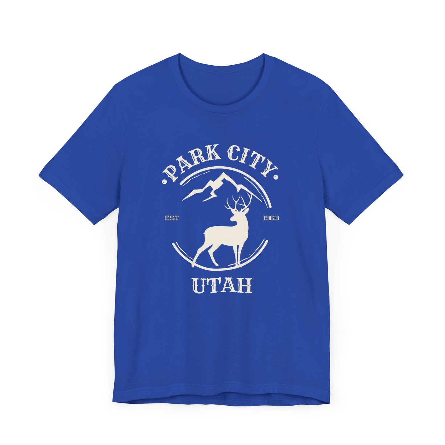 A royal blue Park City Utah minimalist mule deer t-shirt on a white background.