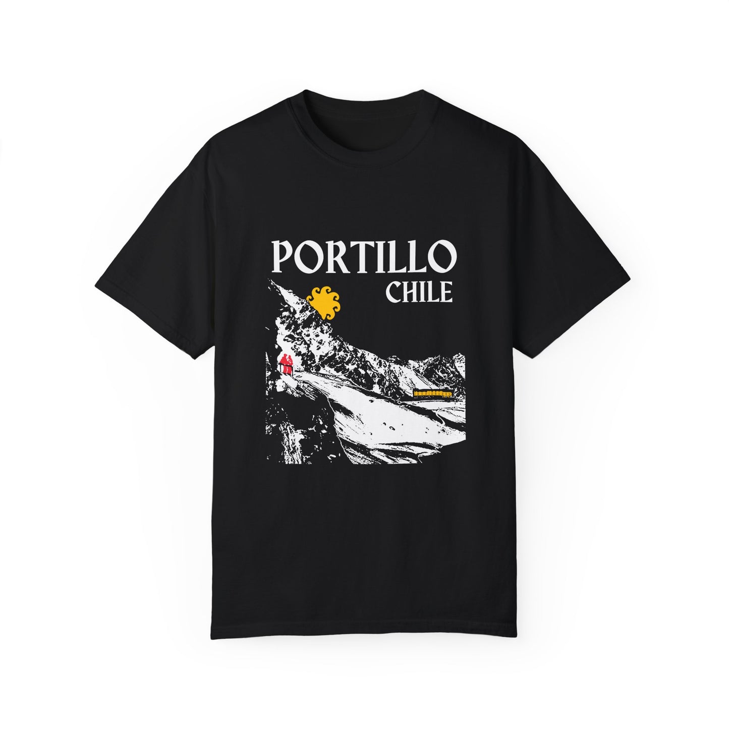 Portillo Chile ski resort black t-shirt with white mountain, yellow sun, and red skiers on white background