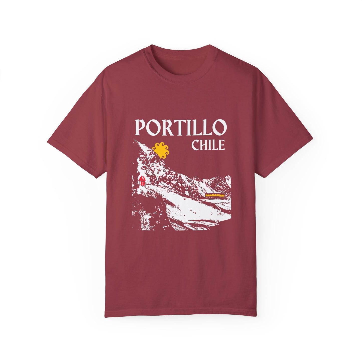 Portillo Chile ski resort red t-shirt with white mountain, yellow sun, and red skiers on white background