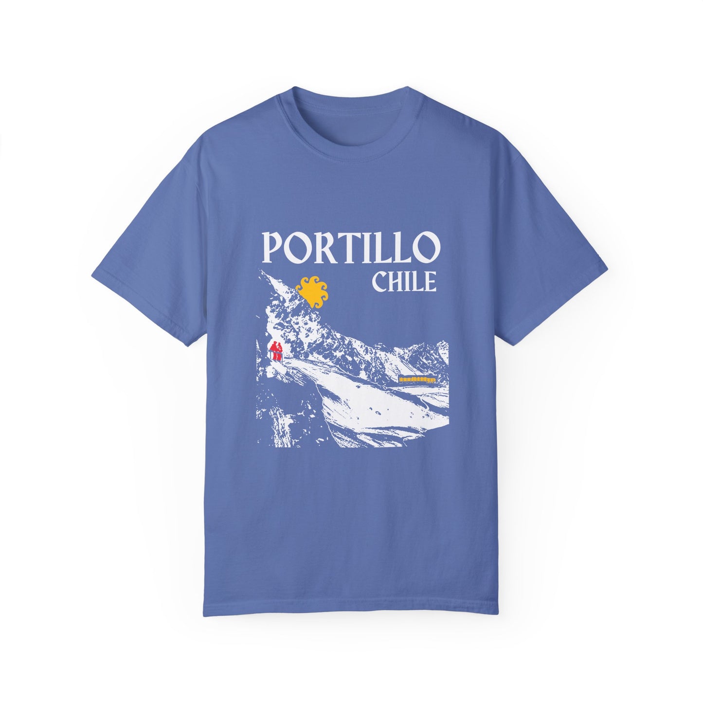 Portillo Chile ski resort blue t-shirt with white mountain, yellow sun, and red skiers on white background
