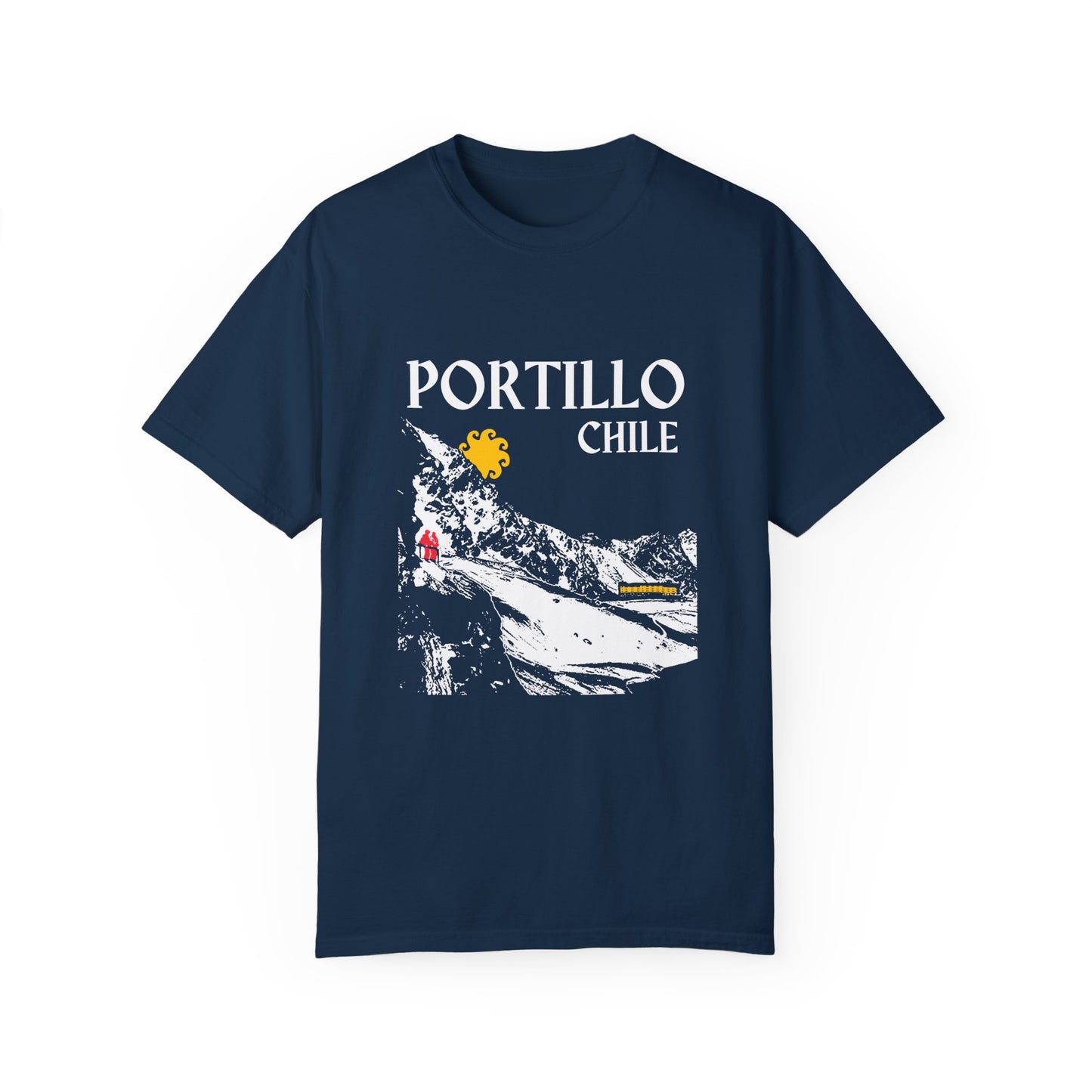 Portillo Chile ski resort navy t-shirt with white mountain, yellow sun, and red skiers on white background