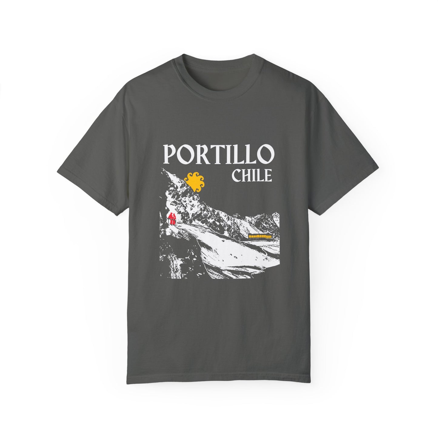 Portillo Chile ski resort gray t-shirt with white mountain, yellow sun, and red skiers on white background