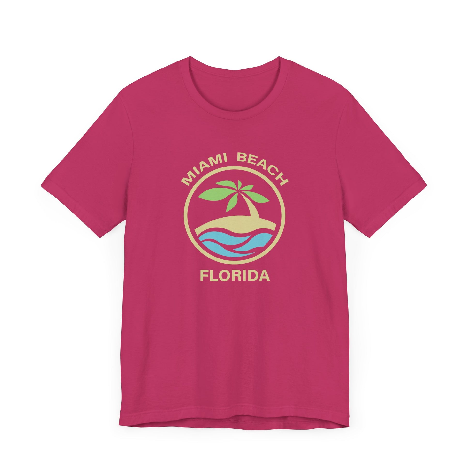 Bright pink, berry colored t-shirt with minimalist palm tree geometric graphic with the text Miami Beach Florida in a circle