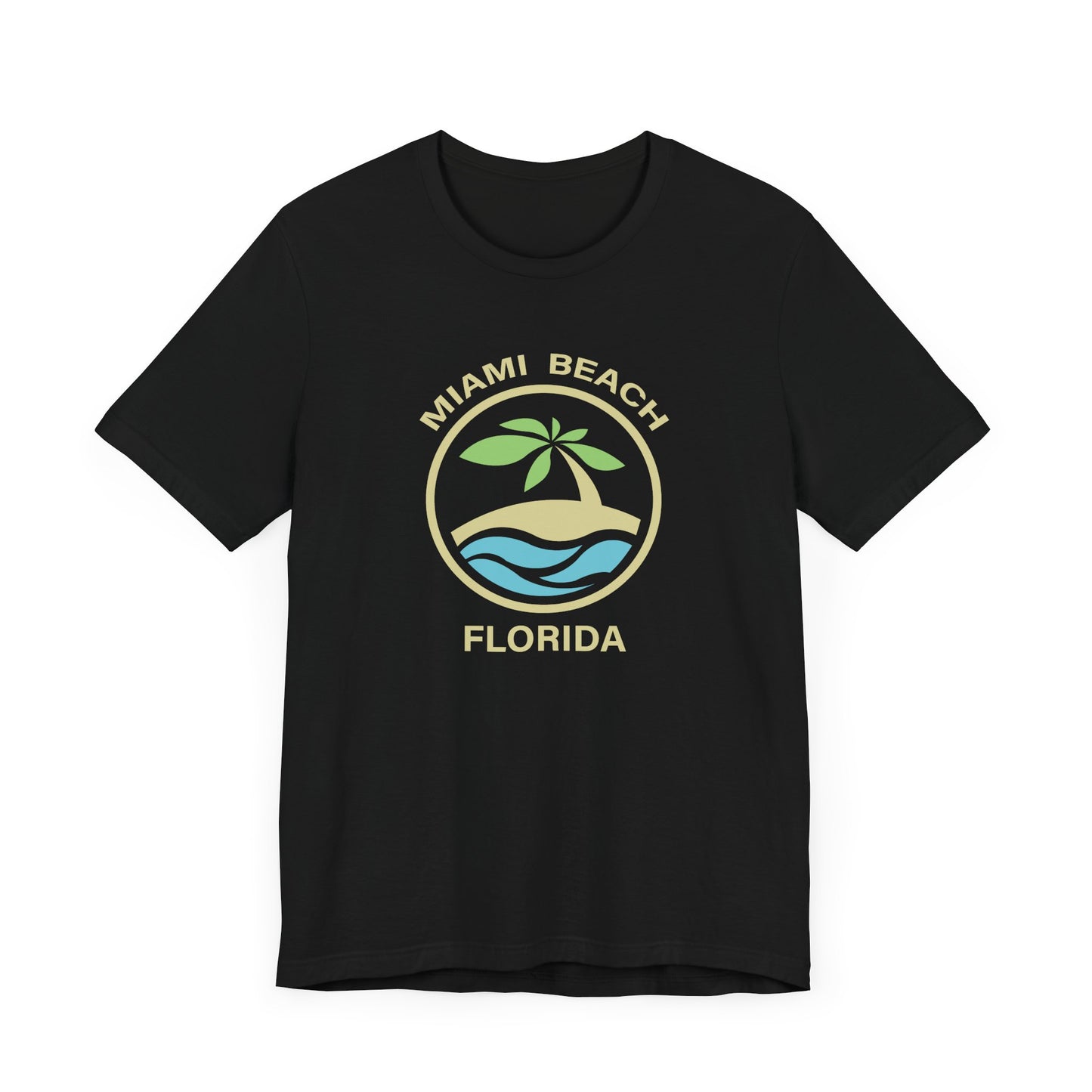 Black t-shirt with minimalist palm tree geometric graphic with the text Miami Beach Florida in a circle