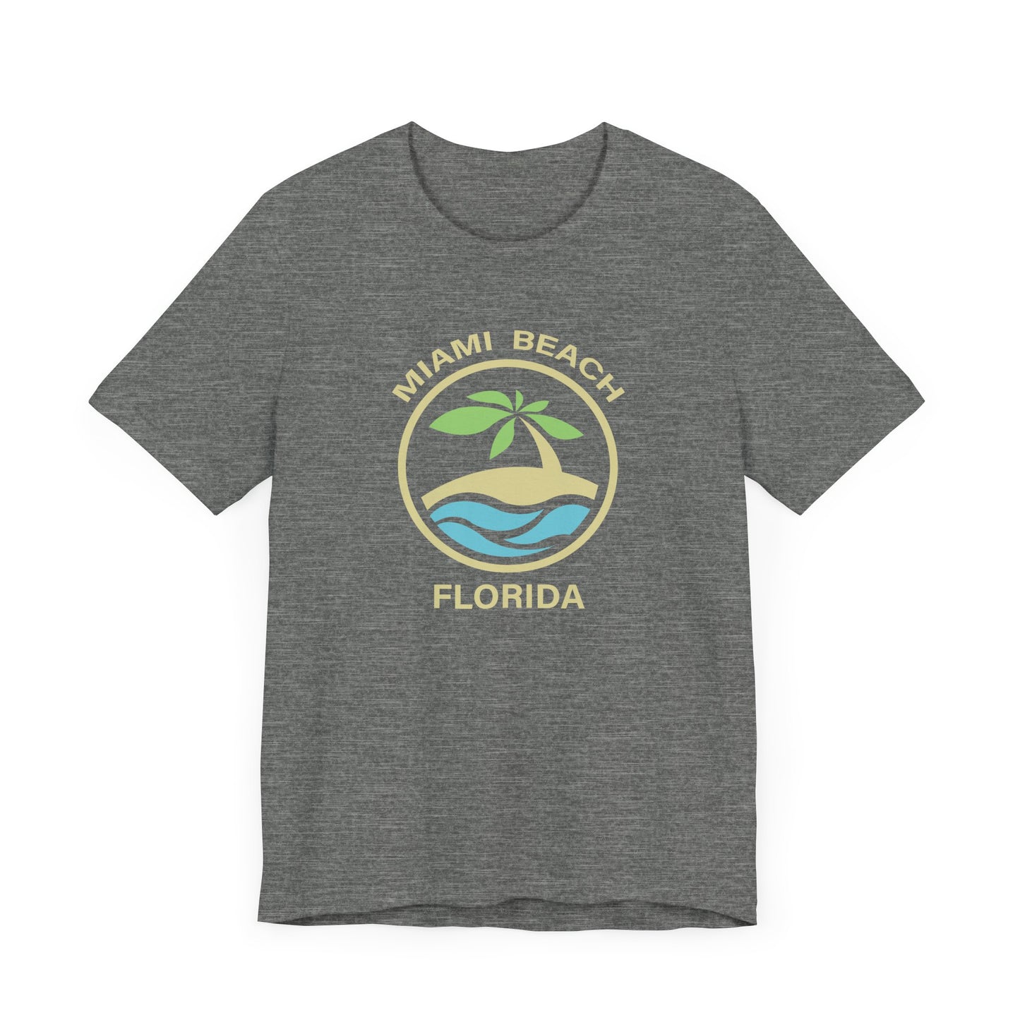 Gray t-shirt with minimalist palm tree geometric graphic with the text Miami Beach Florida in a circle