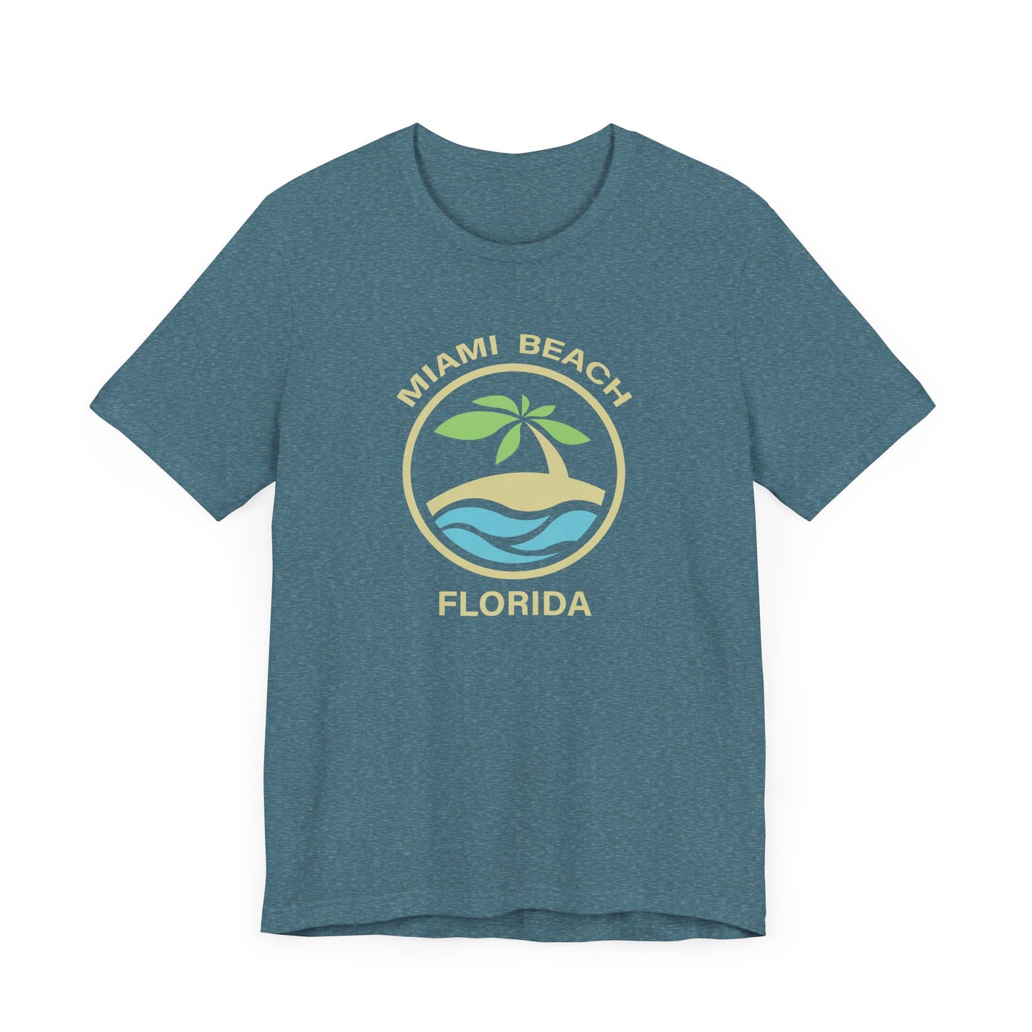 Teal blue t-shirt with minimalist palm tree geometric graphic with the text Miami Beach Florida in a circle