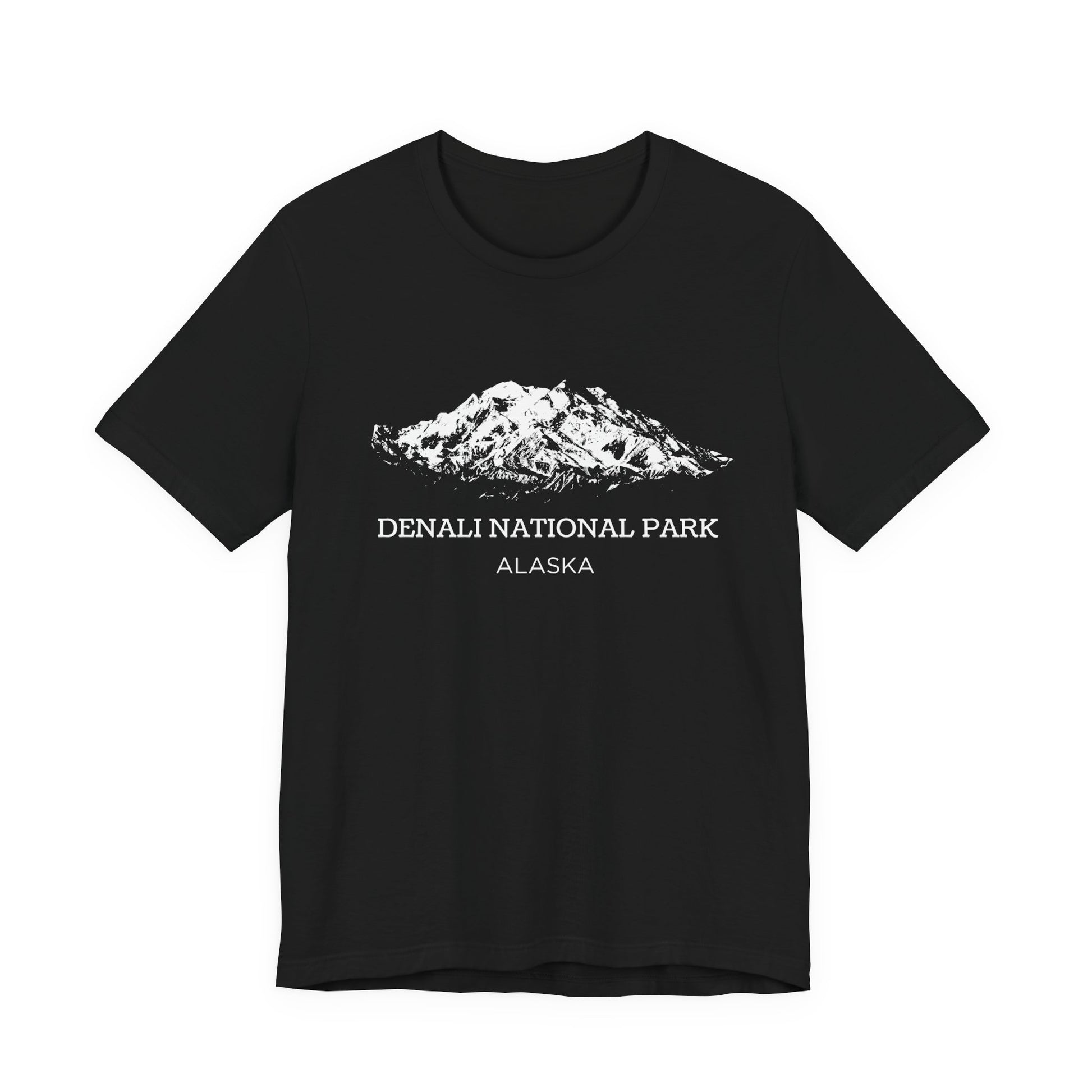 Black T-shirt featuring a white vintage-style sketch of Denali mountain with the text “Denali National Park Alaska.”