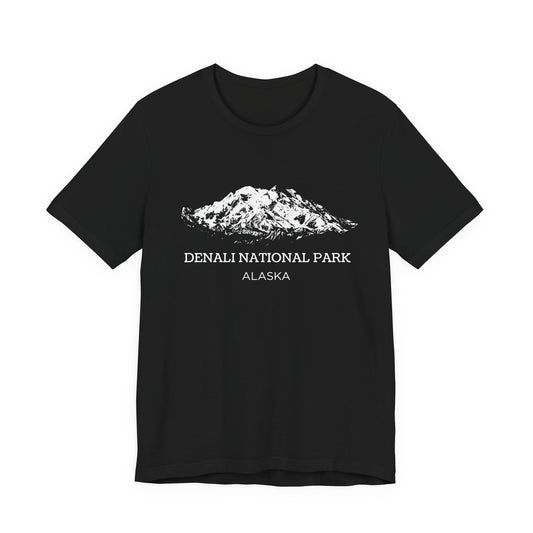 Black T-shirt featuring a white vintage-style sketch of Denali mountain with the text “Denali National Park Alaska.”