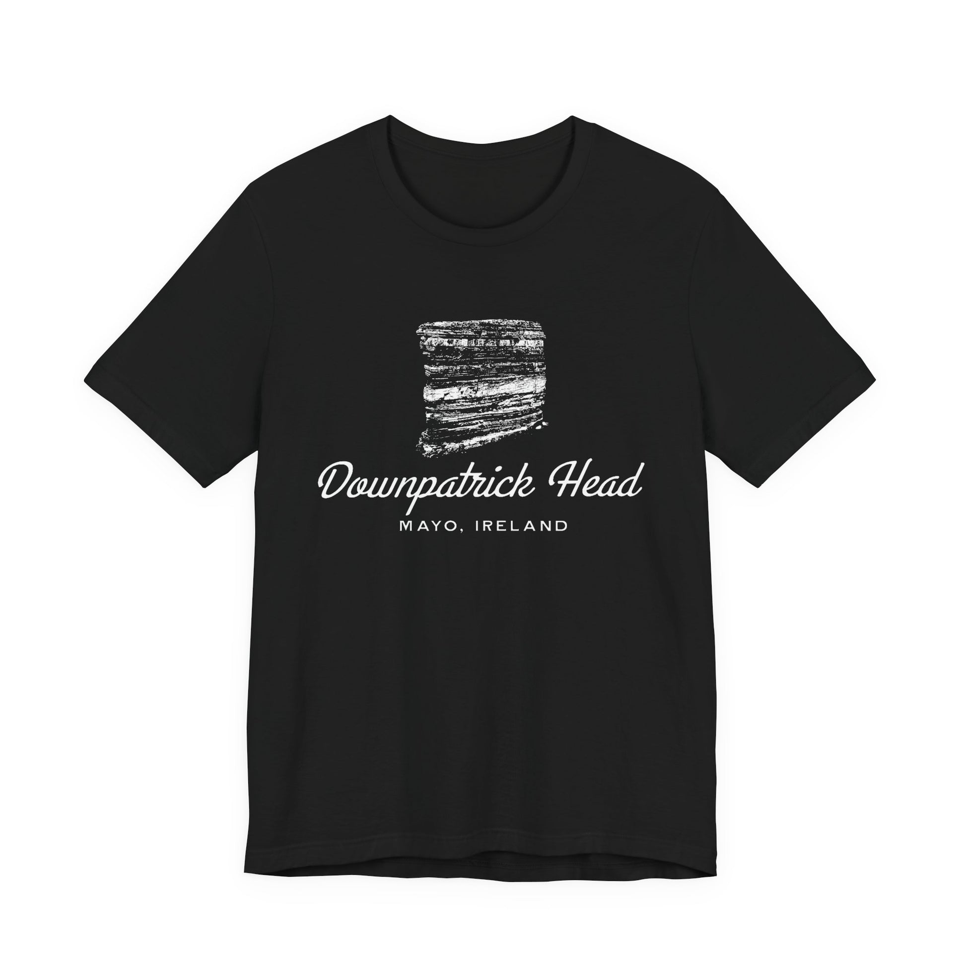 Downpatrick Head T-shirt with vintage sea stack graphic, Mayo Ireland souvenir tee in black.