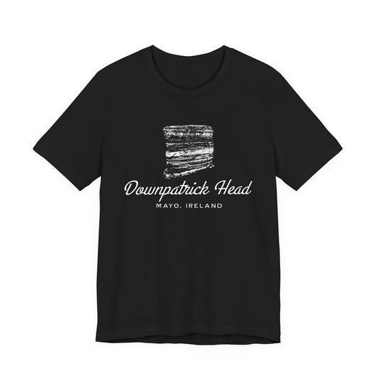 Downpatrick Head T-shirt with vintage sea stack graphic, Mayo Ireland souvenir tee in black.