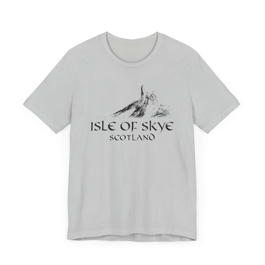 A light gray crew neck t-shirt with a black graphic of the Old Man of Storr and the text 'ISLE OF SKYE SCOTLAND' on the front.