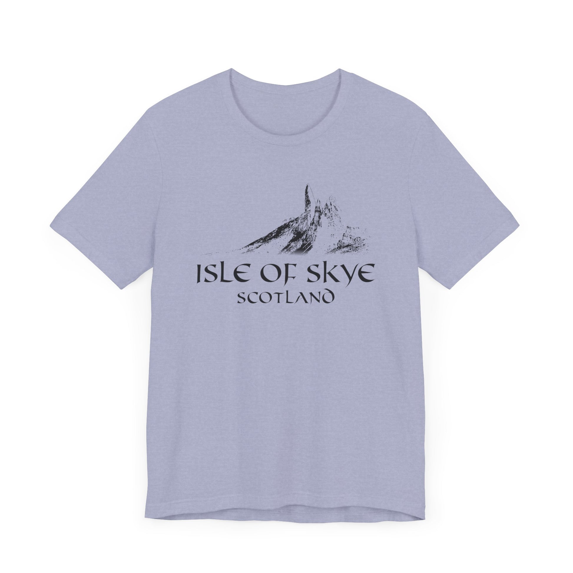 A light blue crew neck t-shirt with a graphic of the Old Man of Storr and the text 'ISLE OF SKYE SCOTLAND' on the front.