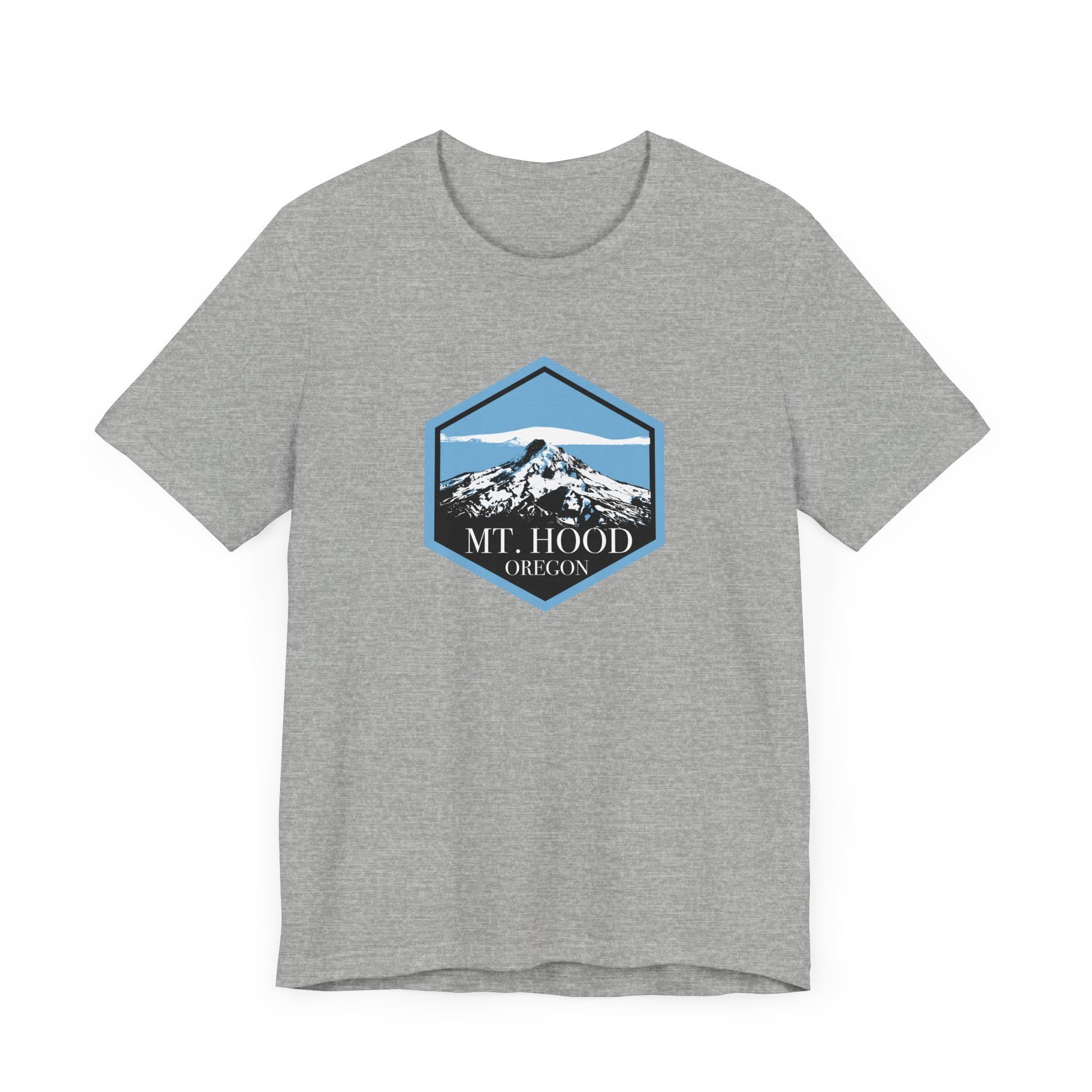 A gray T-shirt featuring a badge design of Mount Hood, Oregon.