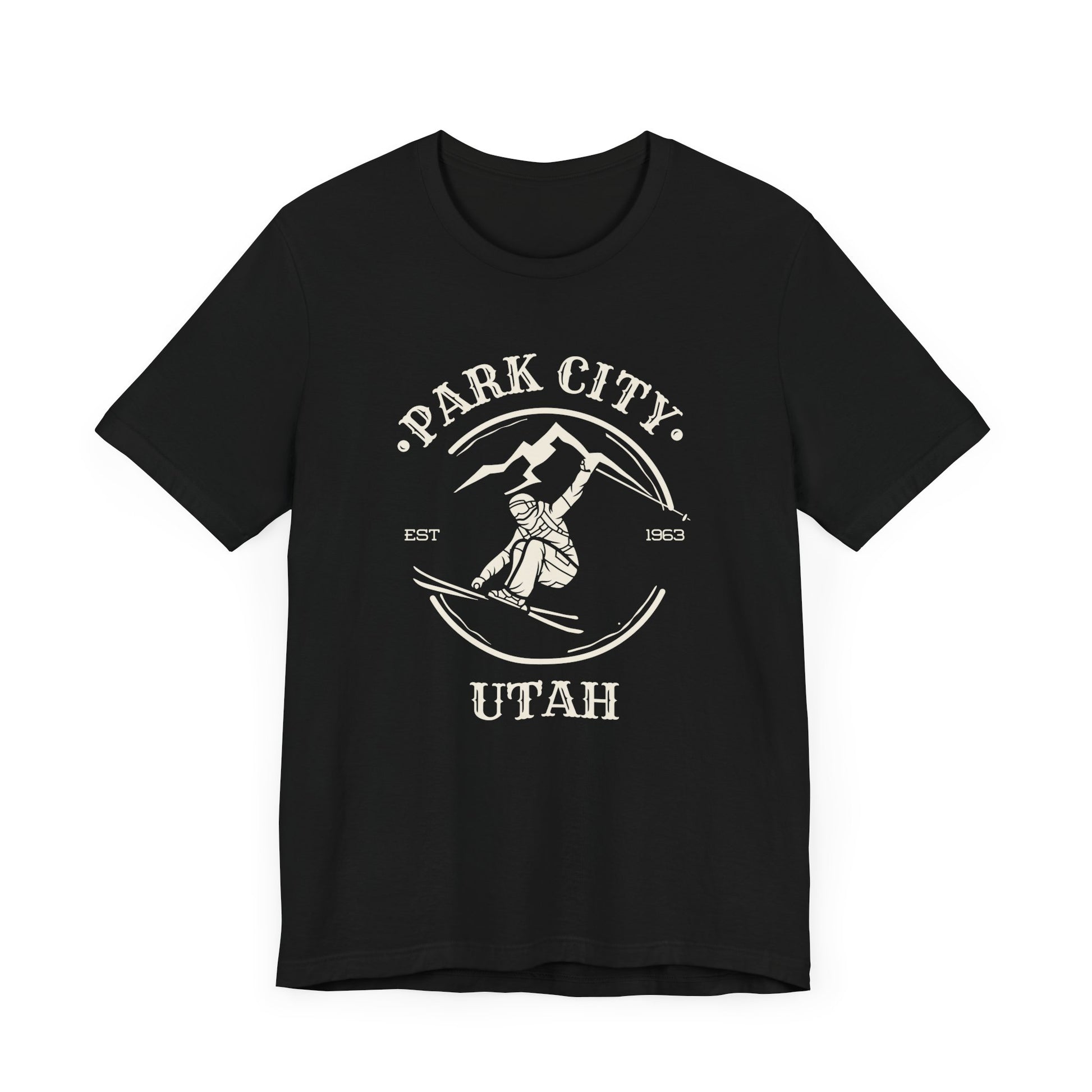 Black t-shirt with off-white skier graphic and Park City Utah text