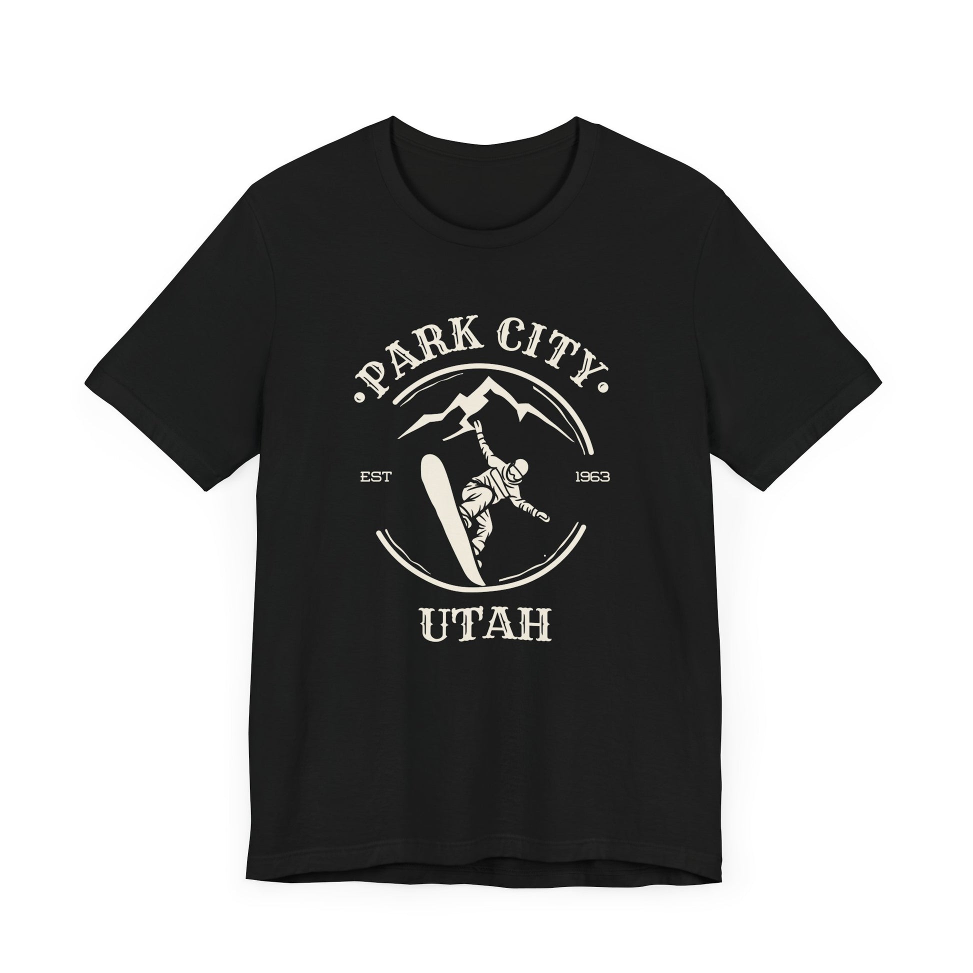 Black crew neck t-shirt with 'Park City Utah' text and a graphic depicting a snowboarder on the front.