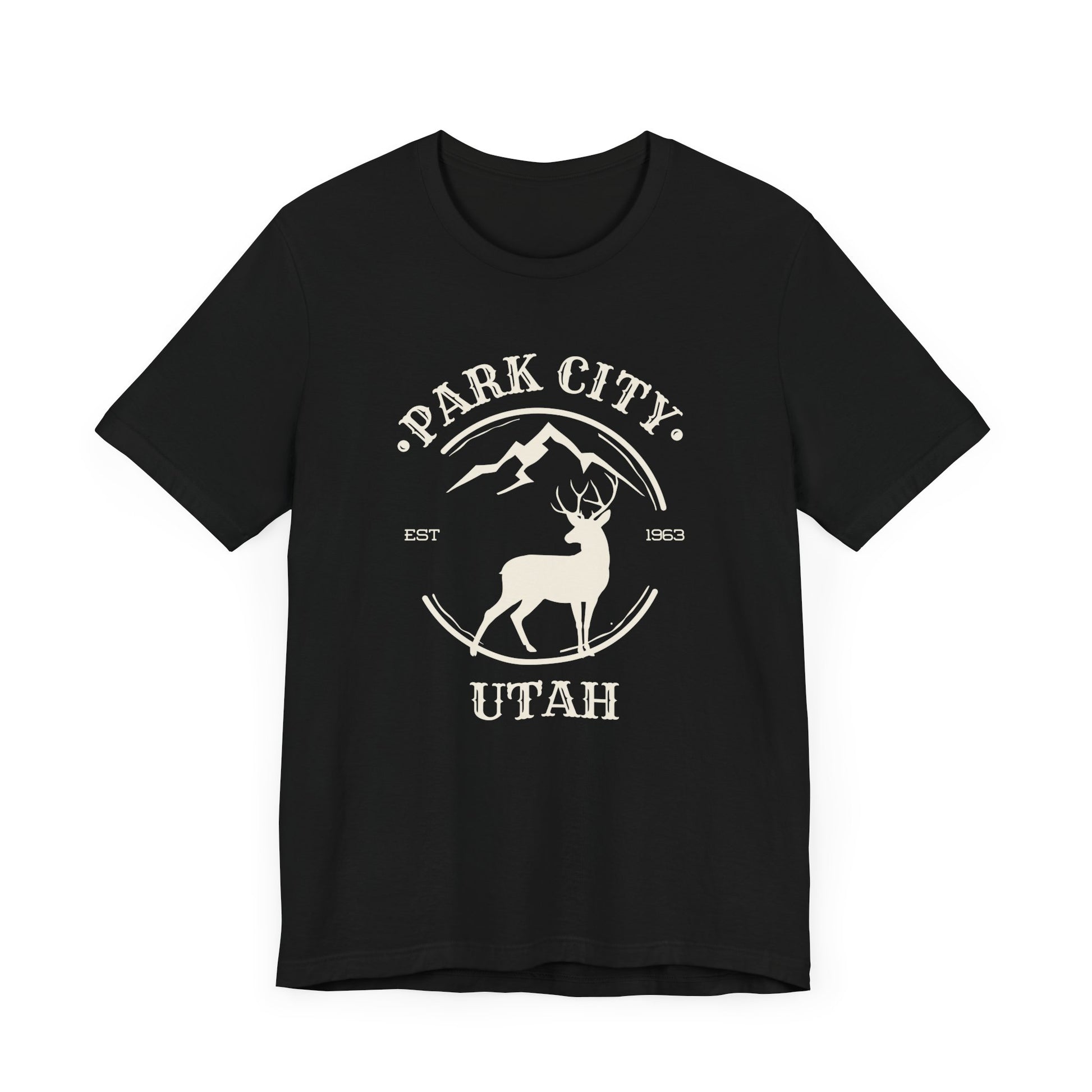A black Park City Utah minimalist mule deer t-shirt on a white background.